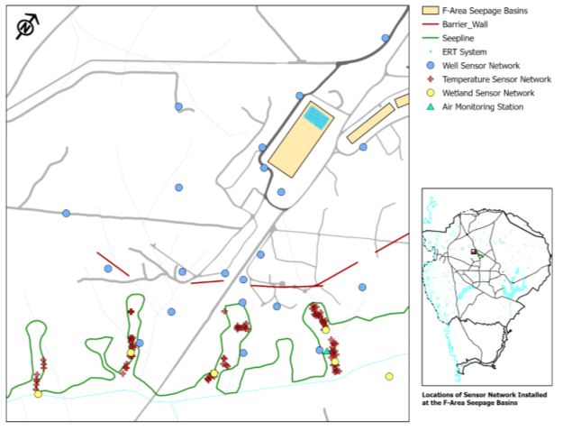 Schematic showing the spatial distribution of sensing technologies deployed at the SRS F-Area Hazardous Waste Management Facility